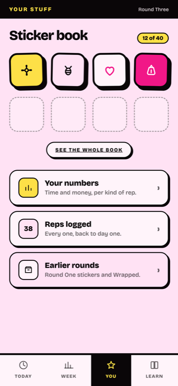 The sticker book: four stickers earned out of forty, four empty slots waiting, and links to your numbers, your logged reps and earlier rounds.