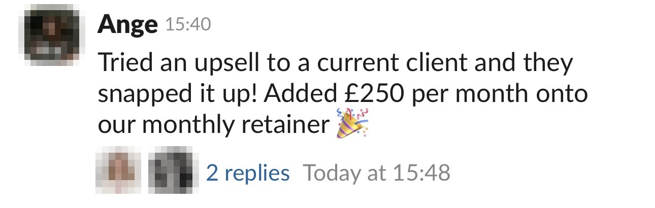 Slack message from the 100 Reps Club wins channel