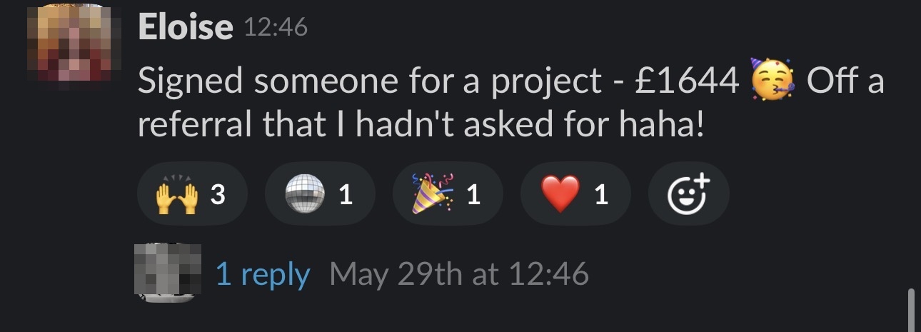 Slack message from the 100 Reps Club wins channel