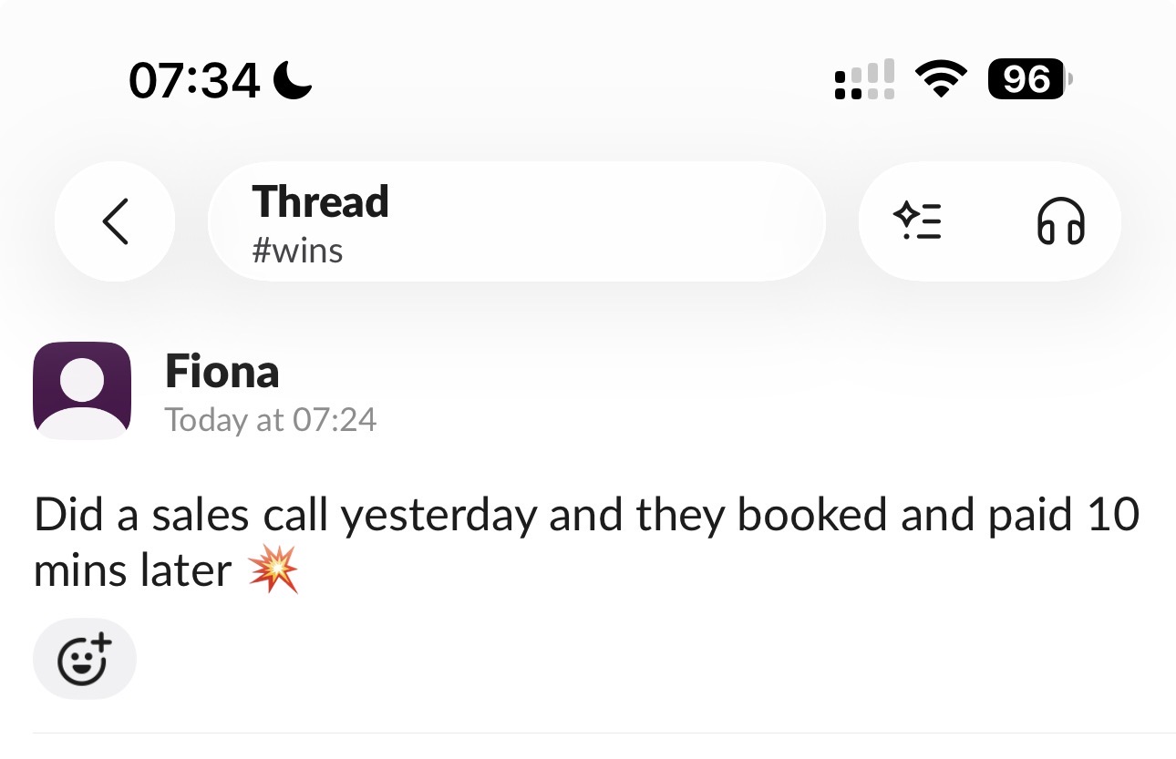 Slack message from the 100 Reps Club wins channel
